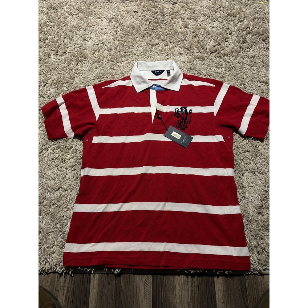 LINCS DC & Co Red White Strip Sleeve Cotton Golf Polo Shirt NWT Soft Casual Sz L